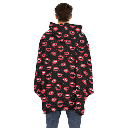 Red Halloween Vampire Lips Pattern Print Hoodie Blanket