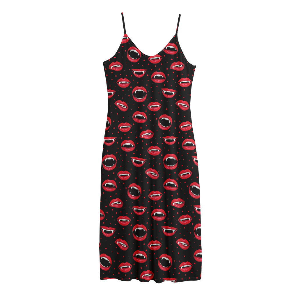Red Halloween Vampire Lips Pattern Print Jersey Midi Cami Dress