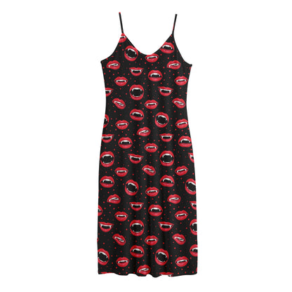Red Halloween Vampire Lips Pattern Print Jersey Midi Cami Dress