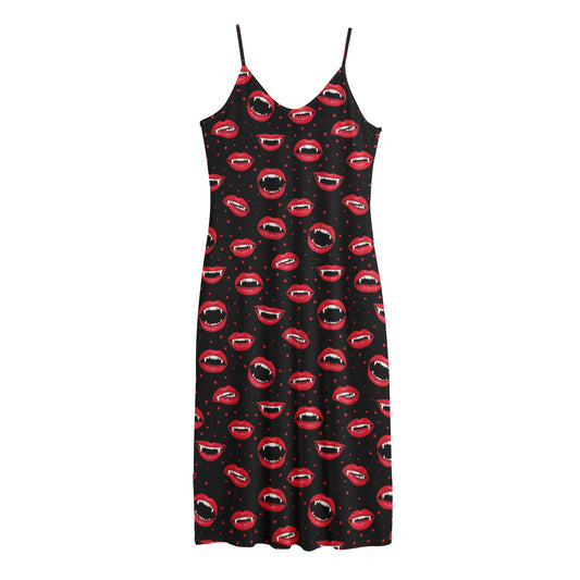 Red Halloween Vampire Lips Pattern Print Jersey Midi Cami Dress