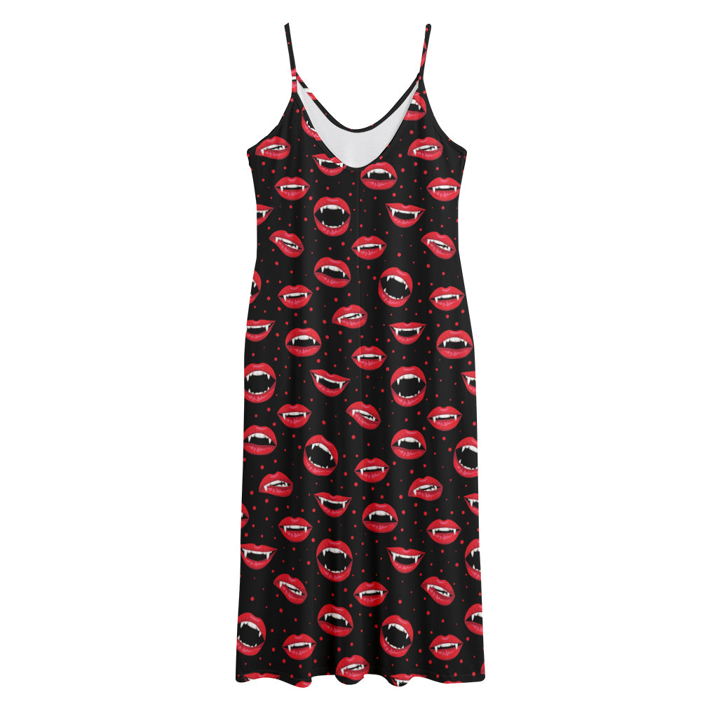 Red Halloween Vampire Lips Pattern Print Jersey Midi Cami Dress