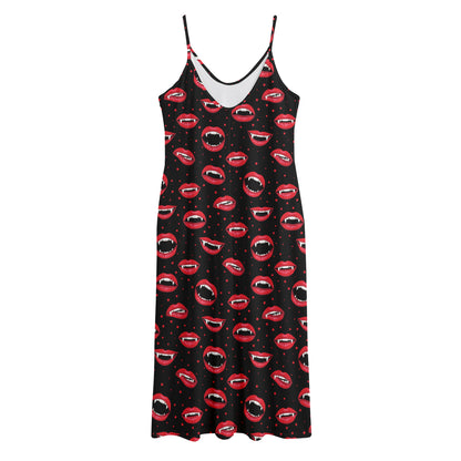 Red Halloween Vampire Lips Pattern Print Jersey Midi Cami Dress