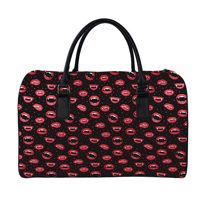 Red Halloween Vampire Lips Pattern Print Leather Duffle Bag