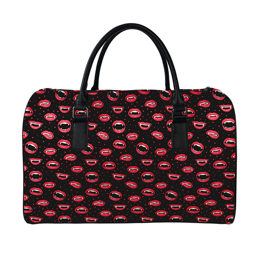 Red Halloween Vampire Lips Pattern Print Leather Duffle Bag