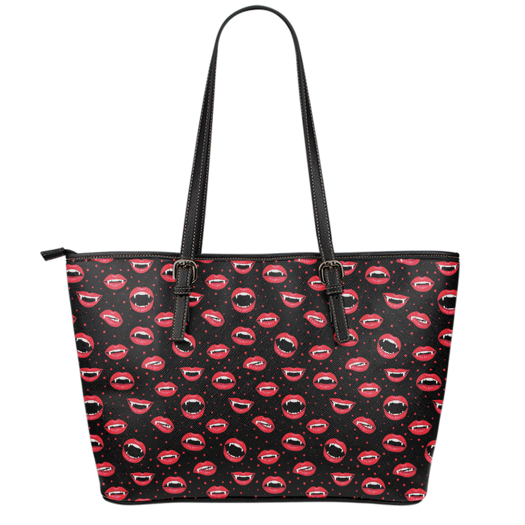 Red Halloween Vampire Lips Pattern Print Leather Tote Bag