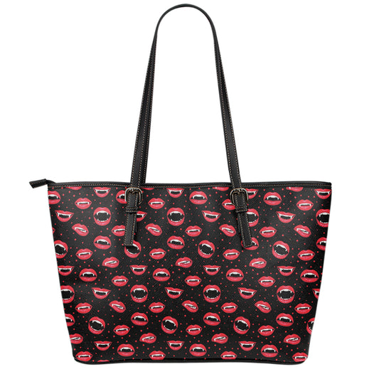 Red Halloween Vampire Lips Pattern Print Leather Tote Bag