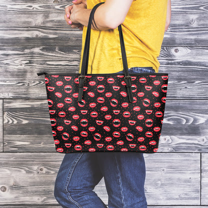 Red Halloween Vampire Lips Pattern Print Leather Tote Bag