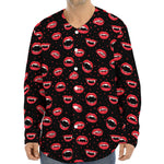 Red Halloween Vampire Lips Pattern Print Long Sleeve Baseball Jersey