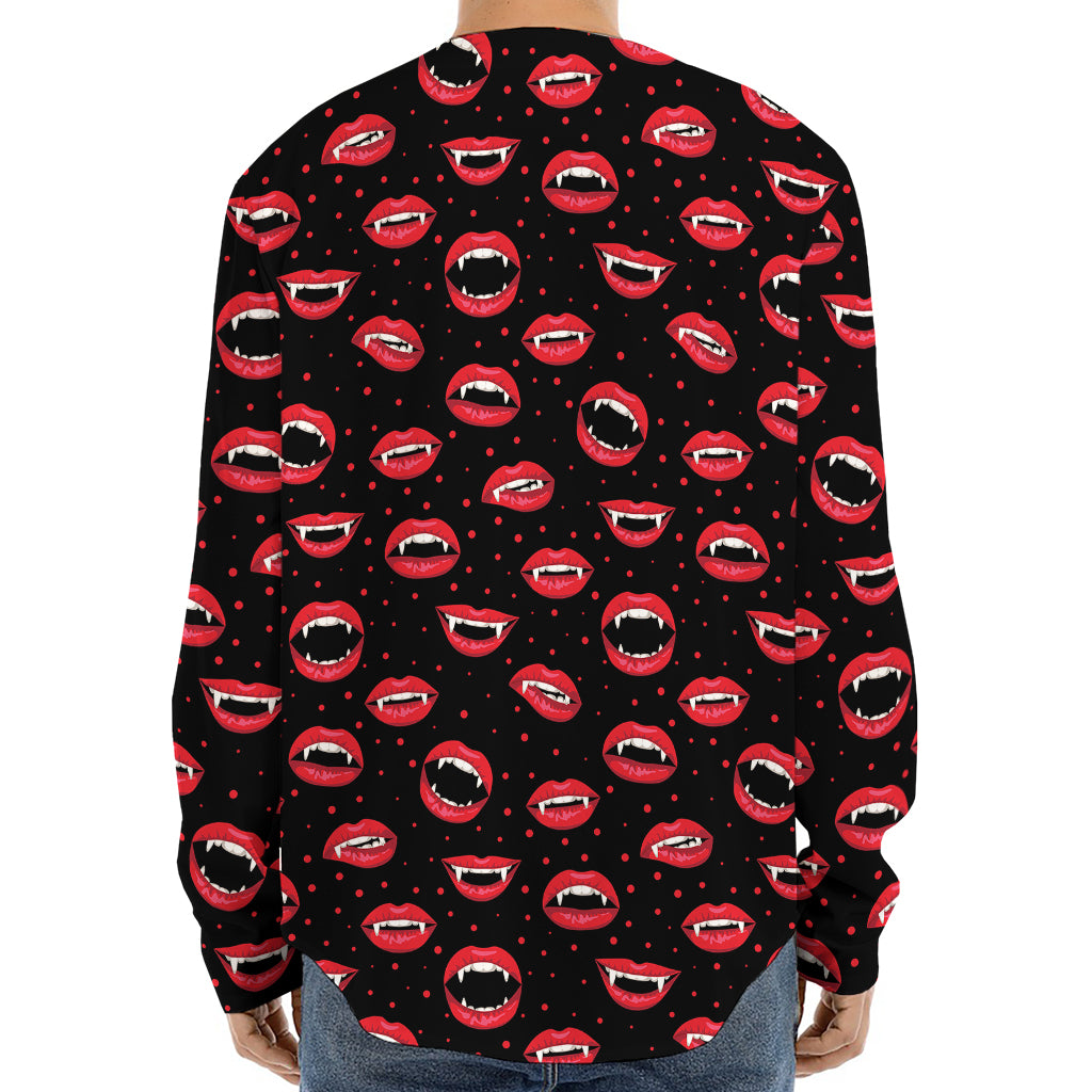 Red Halloween Vampire Lips Pattern Print Long Sleeve Baseball Jersey