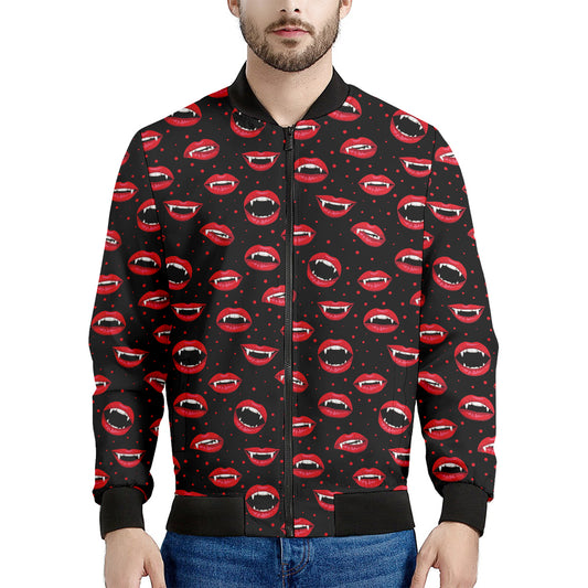 Red Halloween Vampire Lips Pattern Print Men's Bomber Jacket
