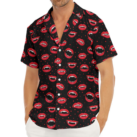 Red Halloween Vampire Lips Pattern Print Men's Deep V-Neck Shirt