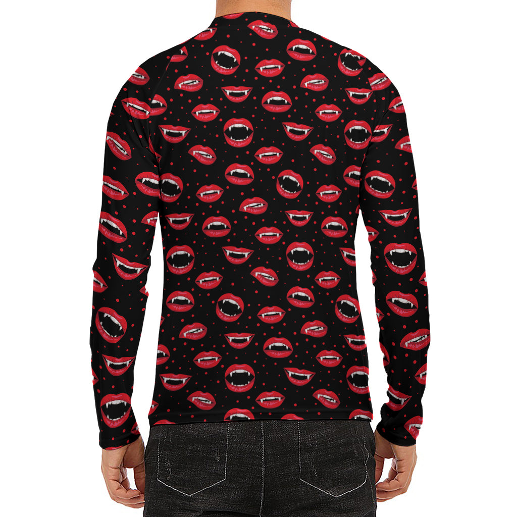 Red Halloween Vampire Lips Pattern Print Men's Long Sleeve Rash Guard