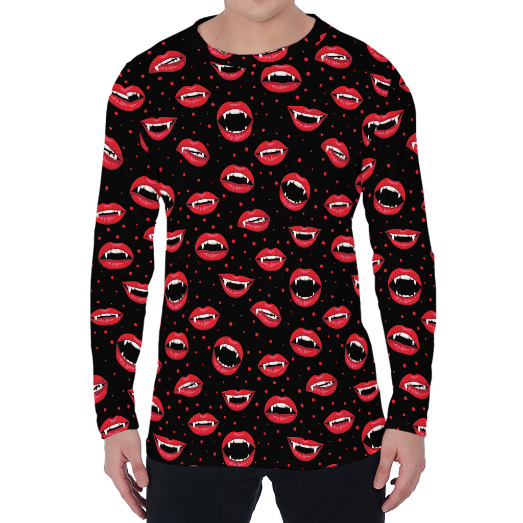 Red Halloween Vampire Lips Pattern Print Men's Long Sleeve T-Shirt