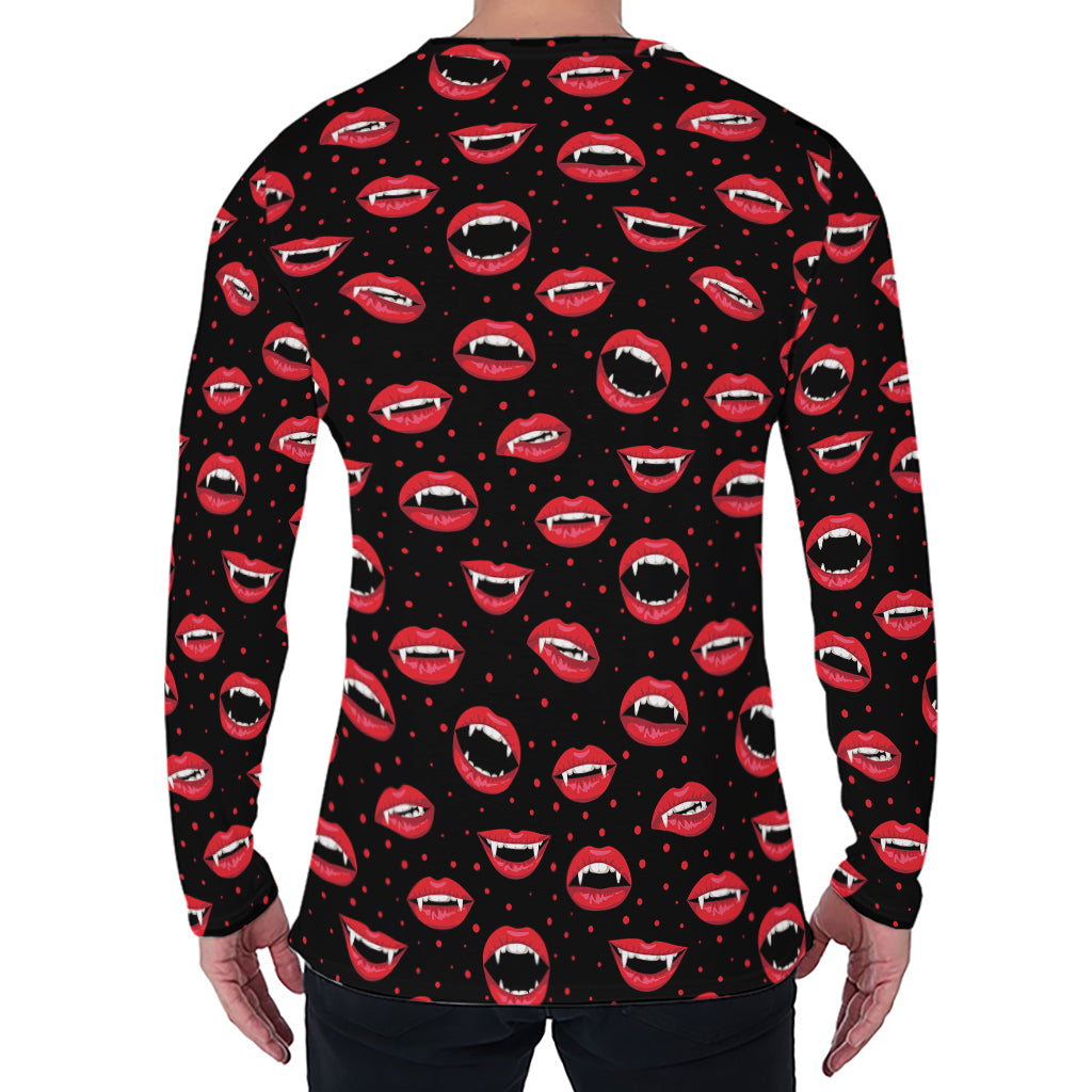 Red Halloween Vampire Lips Pattern Print Men's Long Sleeve T-Shirt