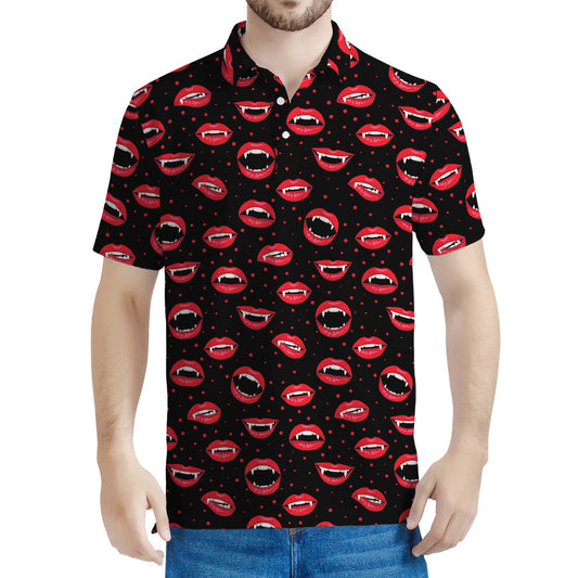 Red Halloween Vampire Lips Pattern Print Men's Polo Shirt