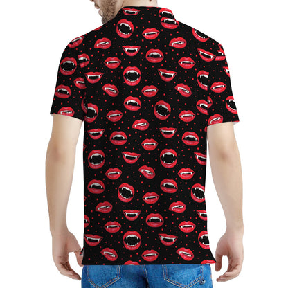 Red Halloween Vampire Lips Pattern Print Men's Polo Shirt