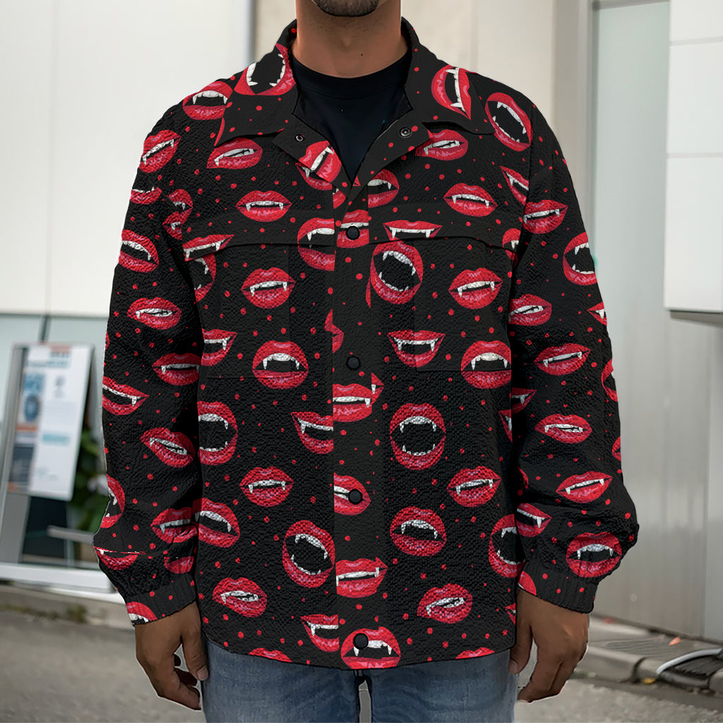 Red Halloween Vampire Lips Pattern Print Men's Shirt Jacket
