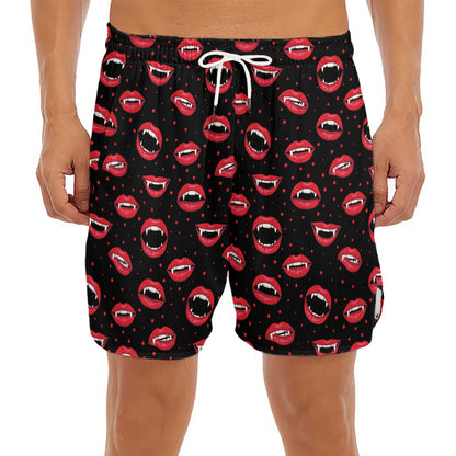 Red Halloween Vampire Lips Pattern Print Men's Split Running Shorts