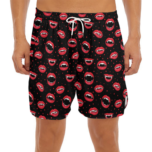 Red Halloween Vampire Lips Pattern Print Men's Split Running Shorts