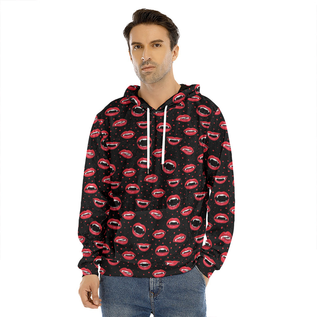 Red Halloween Vampire Lips Pattern Print Men's Velvet Pullover Hoodie