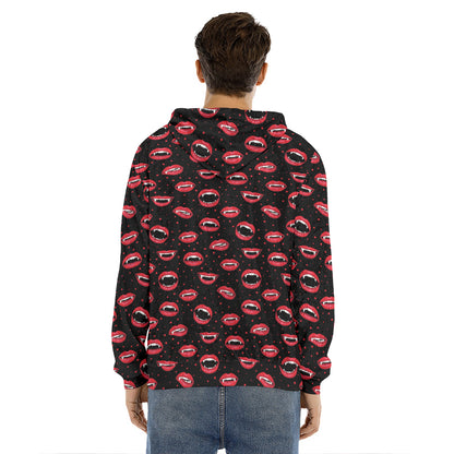 Red Halloween Vampire Lips Pattern Print Men's Velvet Pullover Hoodie