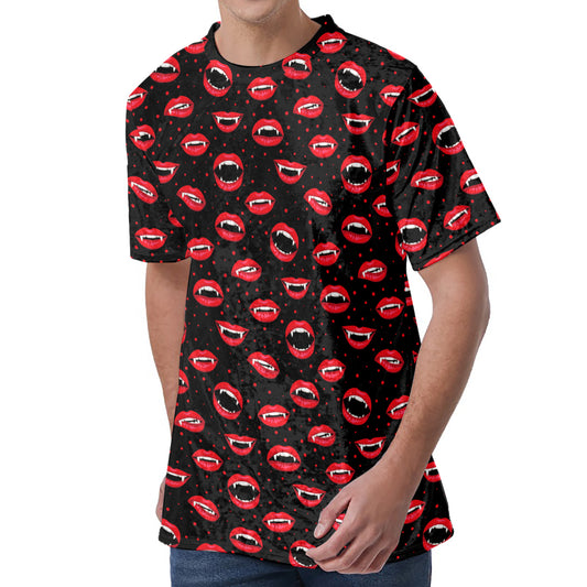 Red Halloween Vampire Lips Pattern Print Men's Velvet T-Shirt