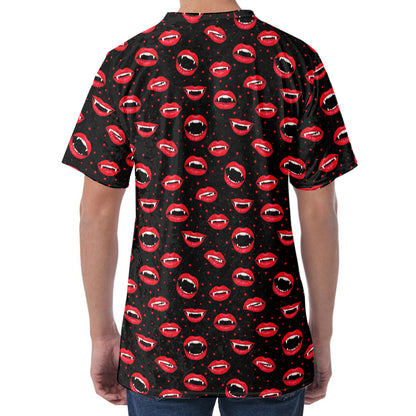 Red Halloween Vampire Lips Pattern Print Men's Velvet T-Shirt