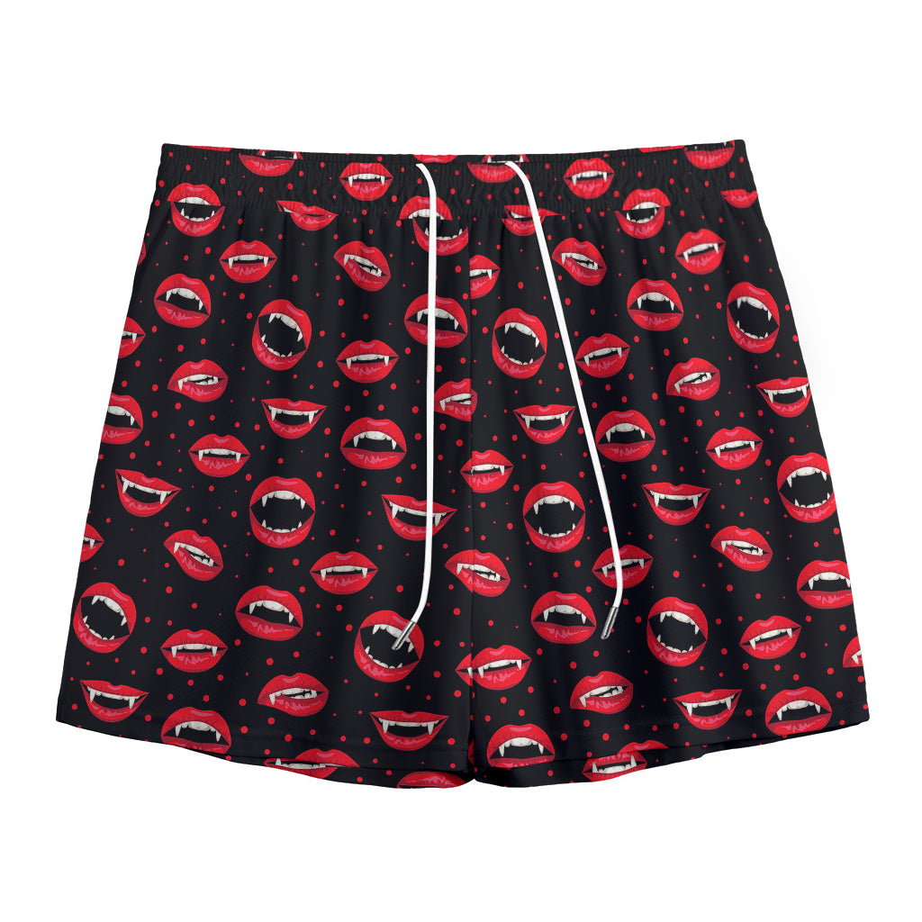 Red Halloween Vampire Lips Pattern Print Mesh Shorts