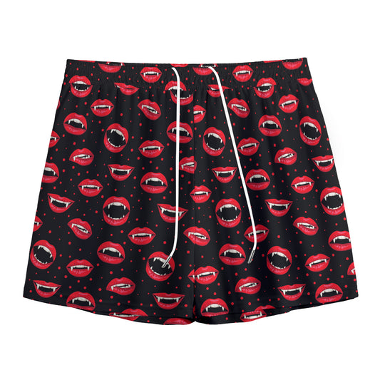 Red Halloween Vampire Lips Pattern Print Mesh Shorts