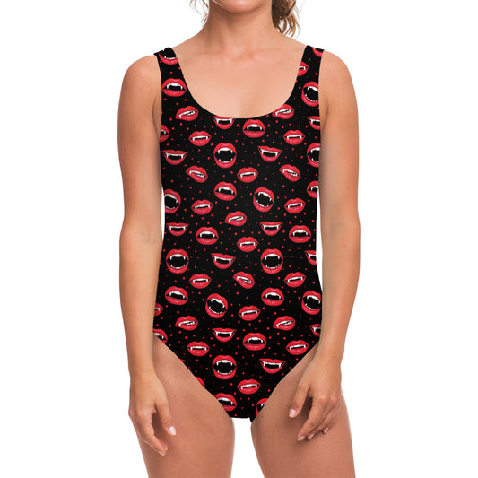 Red Halloween Vampire Lips Pattern Print One Piece Swimsuit