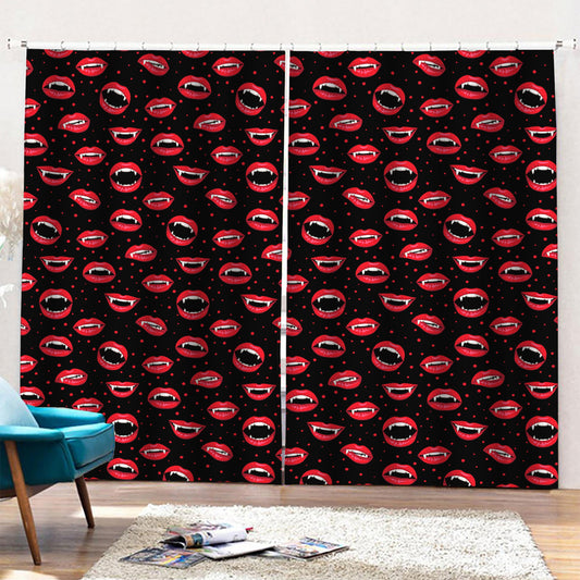 Red Halloween Vampire Lips Pattern Print Pencil Pleat Curtains