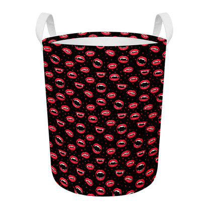 Red Halloween Vampire Lips Pattern Print Round Laundry Basket