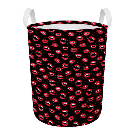 Red Halloween Vampire Lips Pattern Print Round Laundry Basket