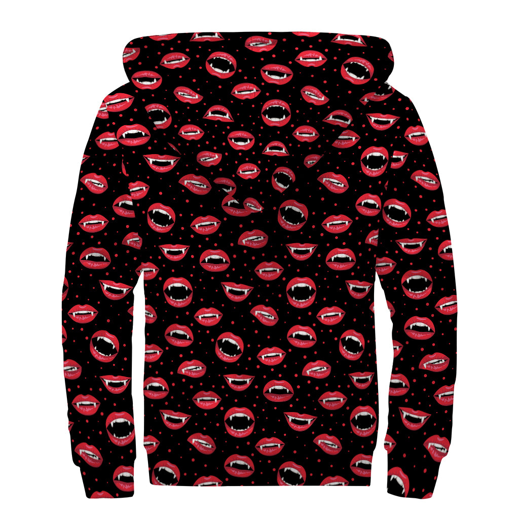 Red Halloween Vampire Lips Pattern Print Sherpa Lined Zip Up Hoodie