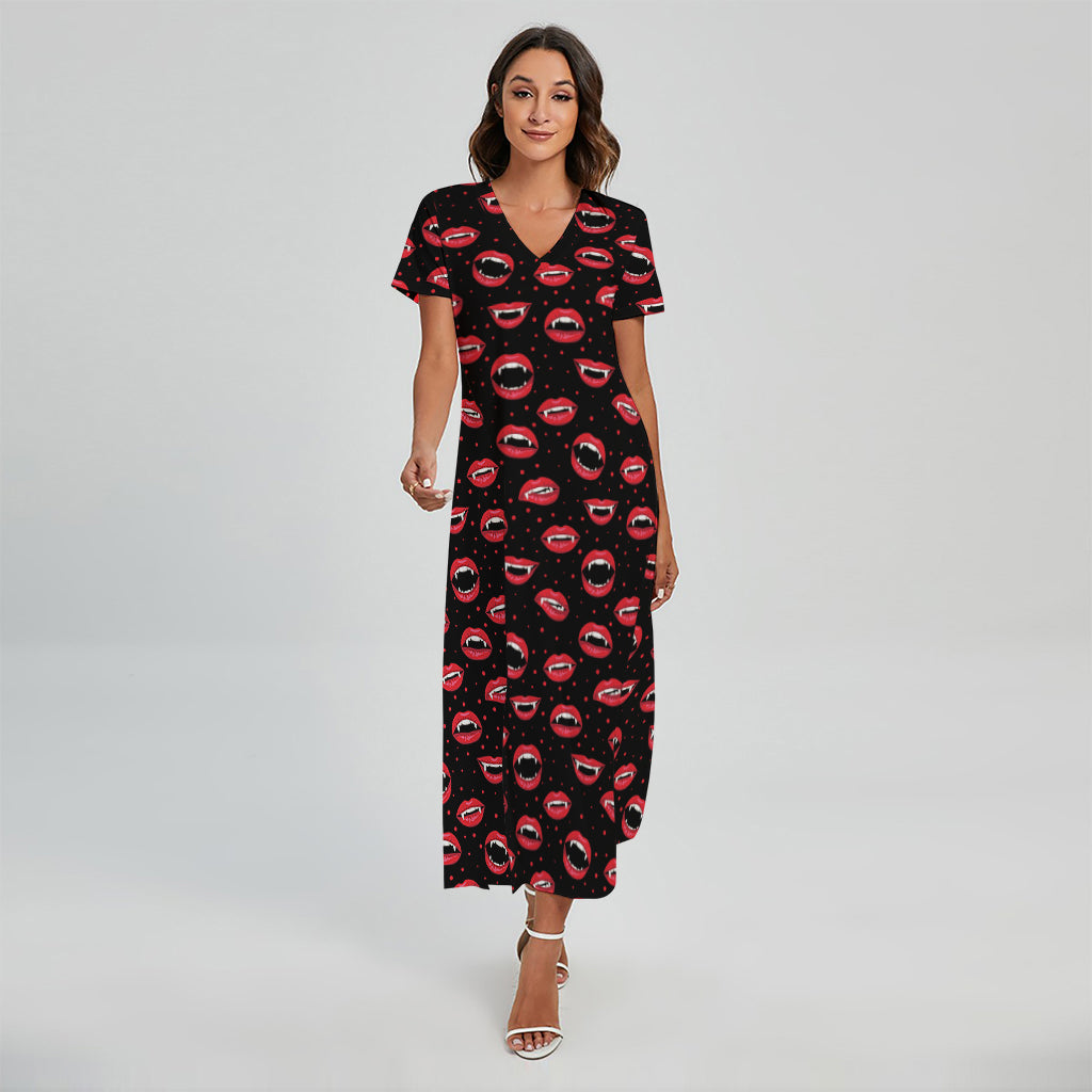 Red Halloween Vampire Lips Pattern Print Short Sleeve Maxi Dress
