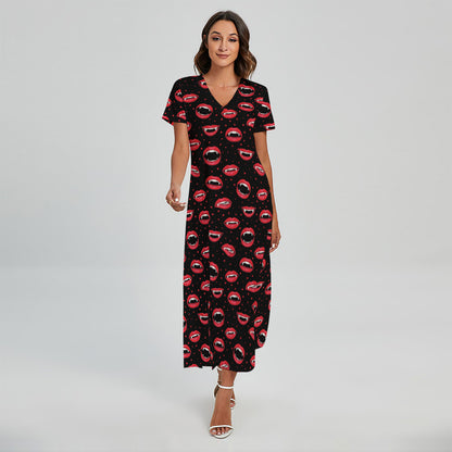 Red Halloween Vampire Lips Pattern Print Short Sleeve Maxi Dress