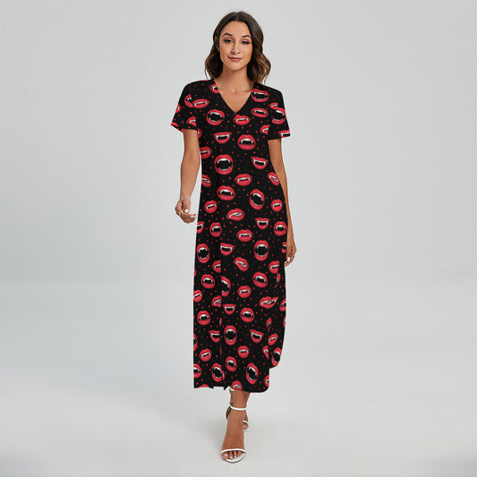 Red Halloween Vampire Lips Pattern Print Short Sleeve Maxi Dress