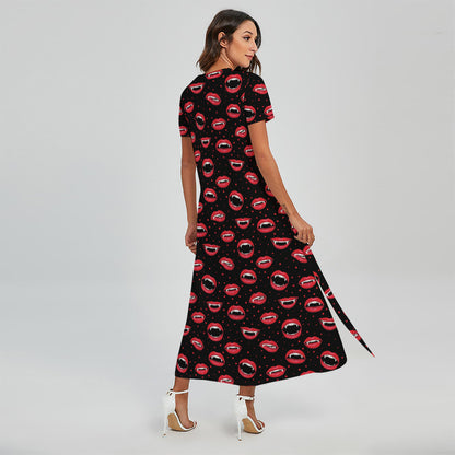 Red Halloween Vampire Lips Pattern Print Short Sleeve Maxi Dress