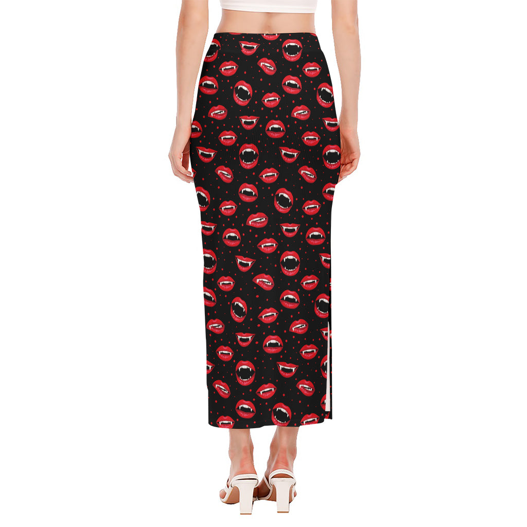 Red Halloween Vampire Lips Pattern Print Side Slit Maxi Skirt