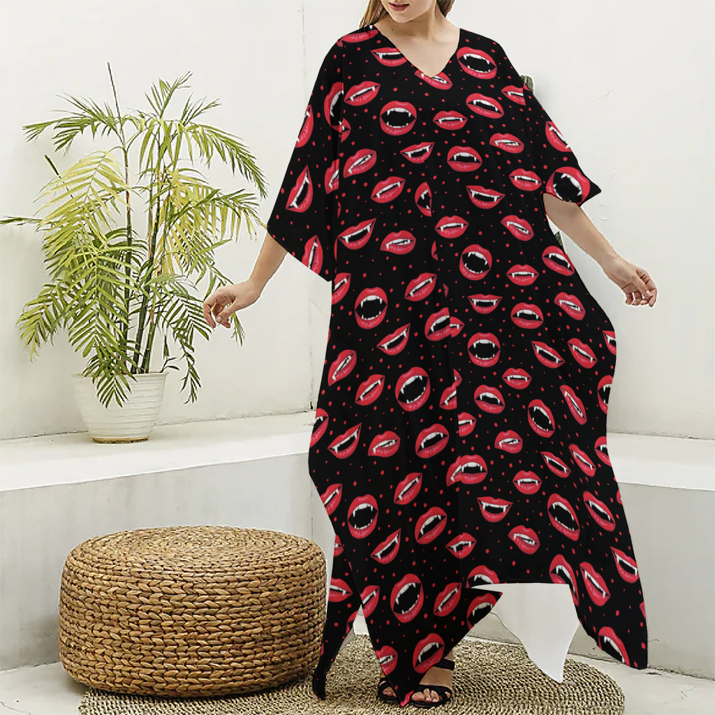 Red Halloween Vampire Lips Pattern Print Silk V-Neck Kaftan Dress