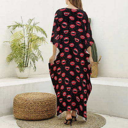 Red Halloween Vampire Lips Pattern Print Silk V-Neck Kaftan Dress