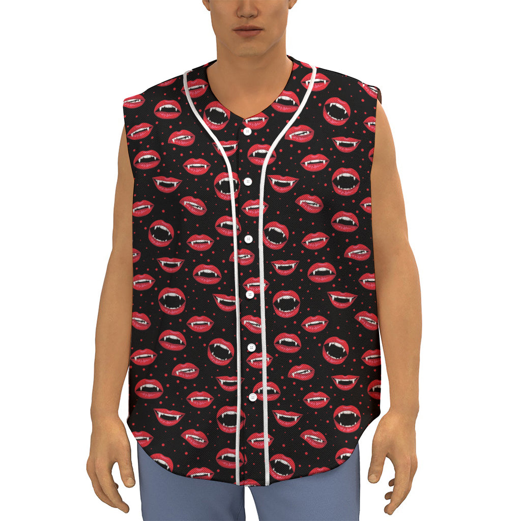 Red Halloween Vampire Lips Pattern Print Sleeveless Baseball Jersey