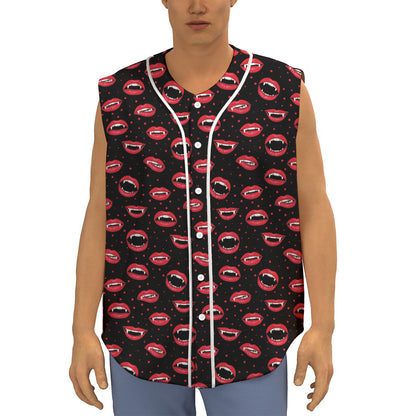 Red Halloween Vampire Lips Pattern Print Sleeveless Baseball Jersey