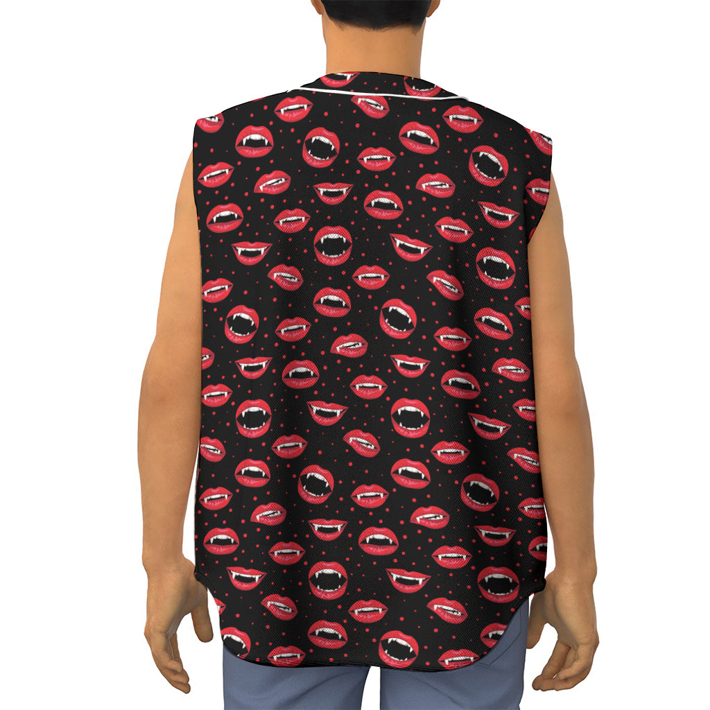 Red Halloween Vampire Lips Pattern Print Sleeveless Baseball Jersey