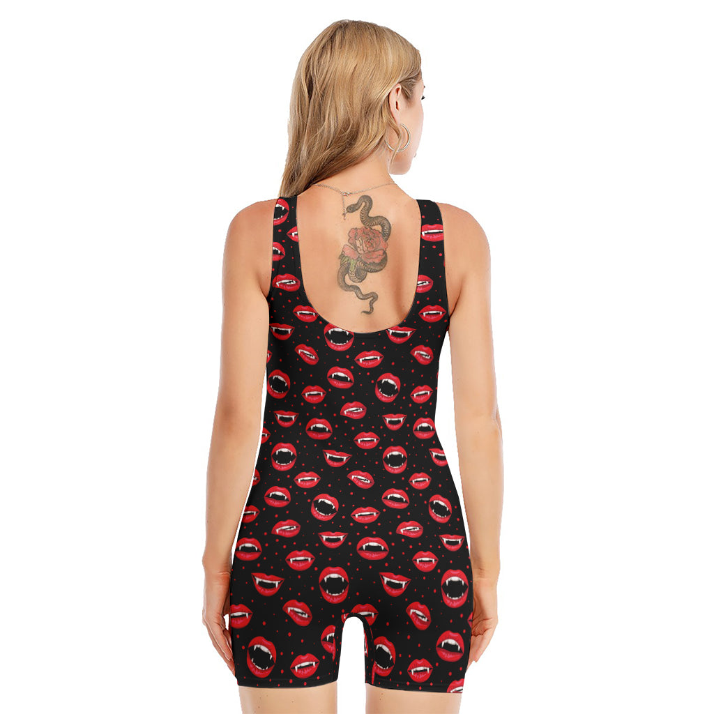 Red Halloween Vampire Lips Pattern Print Sleeveless One Piece Swimsuit