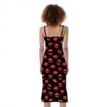 Red Halloween Vampire Lips Pattern Print Slim Fit Midi Cami Dress