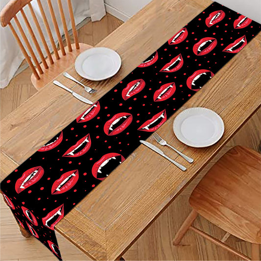 Red Halloween Vampire Lips Pattern Print Table Runner