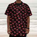 Red Halloween Vampire Lips Pattern Print Textured Short Sleeve Shirt