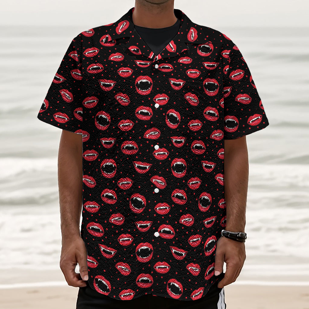Red Halloween Vampire Lips Pattern Print Textured Short Sleeve Shirt