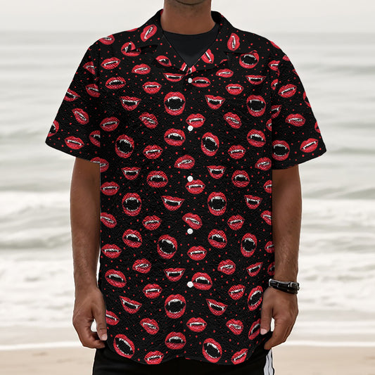 Red Halloween Vampire Lips Pattern Print Textured Short Sleeve Shirt